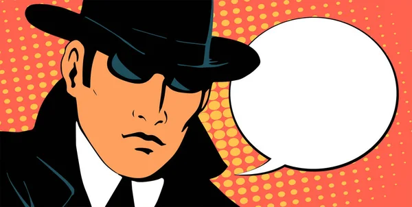 男探偵調査 レトロなレインコートと帽子に身を包んだ 黒眼鏡をかける テキスト用の場所 ポップアートスタイルのレトロ漫画イラスト — ストック写真