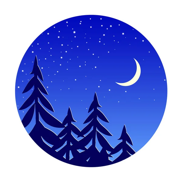 Night Landscape Pine Trees Background Blue Sky Moon Stars Cartoon — Zdjęcie stockowe