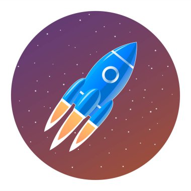 Penceresi olan bir uzay roketi yıldızlara kadar yükselir. Arkasında alev alev yanan bir alev var. Çizgi film çizimi. Renkli yıldızlı arka plan