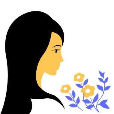 Çiçekli güzel kız. Genç yüzlü, siyah saçlı. Yan portre. Düz çizim. Beyaz arkaplan