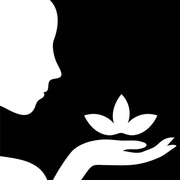 一个女孩相貌的白色轮廓 手拿着花美容院的象征关于黑色背景的矢量说明 — 图库矢量图片