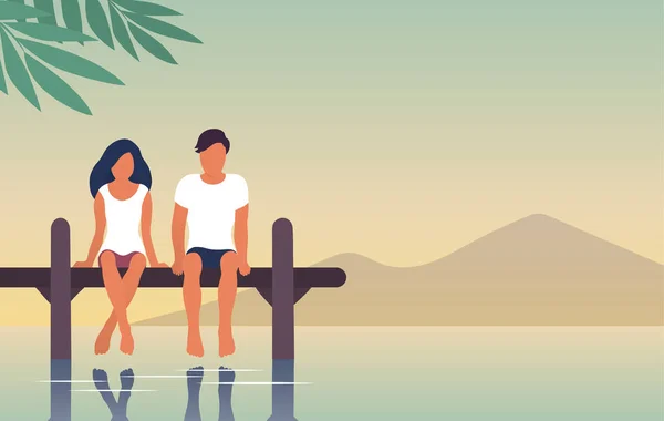 若い夫婦が川のそばで休んでいる 男と女が水面上の桟橋に腰を下ろしている 落ち着け ベクターフラットイラストバナー — ストックベクタ