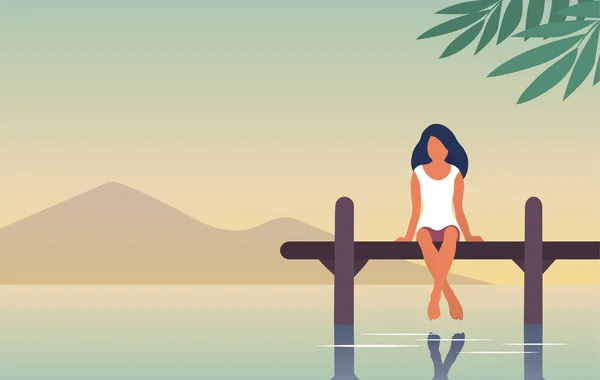 一个年轻的女人正在河边休息 一个女孩坐在水面上的一个码头上 安静点矢量扁平插图横幅 有文字位置 — 图库矢量图片