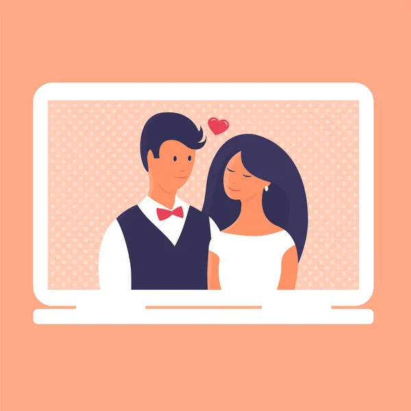 Wedding Bride Groom Online Laptop Quarantine Happy Newlyweds Display Video — Stock Vector