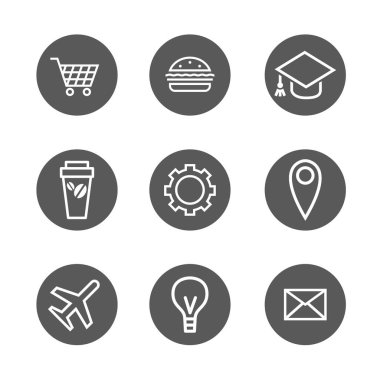 Ürün ve yiyecek sipariş etme, uçak bileti alma, eğitim alma konularında bir dizi yuvarlak simge. Siyah ve beyaz izole çizimler