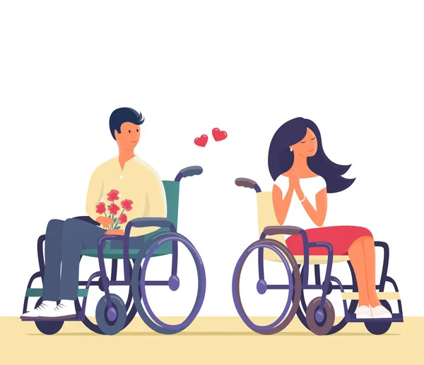 一对年轻貌美的情侣在约会 坐在轮椅上 一个男人送给一个女孩一束鲜花 快乐的残疾人 矢量漫画浪漫插图 — 图库矢量图片