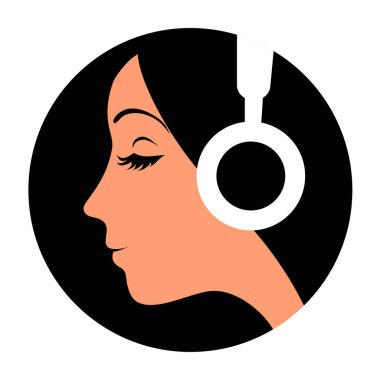 Kız kulaklıkla müzik dinliyor. Yüz profili. Siyah arkaplanda düz vektör çizimi