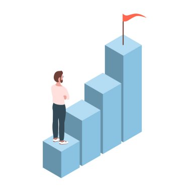 Genç ve modern bir adam kariyer basamaklarını tırmanıyor. Vektör, iş ve başarı hakkında izole edilmiş bir illüstrasyon. Isometric tarzı