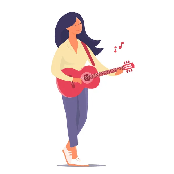 Молода Жінка Стоїть Грає Гітарі Класичний Музичний Інструмент Веселий Настрій — стоковий вектор