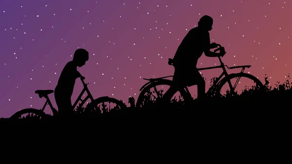 Два Парня Велосипедами Поле Идут Фоне Ночного Звездного Неба Счастливого — стоковый вектор