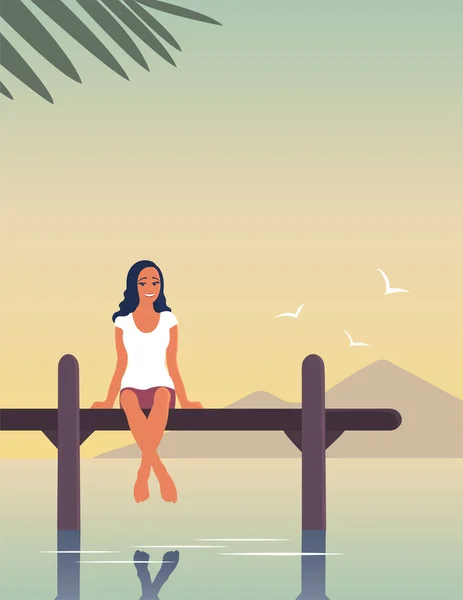 若い女性が海で休んでいる 少女は水の上の桟橋に座っている 笑顔で幸せな顔 熱帯リゾート 落ち着け テキストのための場所とベクトルフラットイラスト — ストックベクタ