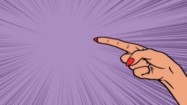 Kadın el ilanları. Parmağıyla işaret ediyor. Reklam için arka plan ve mesaj için alan. Pop sanat tarzında çizgi film animasyonu. Reklam için renkli video