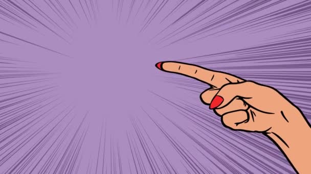 雌性的手在做广告 用手指指指点点广告背景和文字空间 卡通动画流行艺术风格 五彩缤纷的广告录像 — 图库视频影像