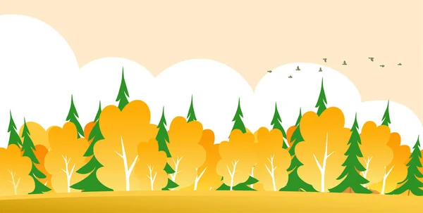 Ormanda Altın Sonbahar Kırsal Alan Sarı Ağaçlar Yeşil Ladin Kuş — Stok Vektör