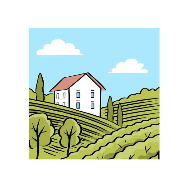 Vineyard Fields Villa Italian Landscape Wine Label Vector Illustration Outline — Stock Vector