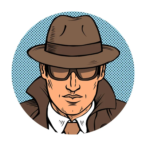 男探偵調査 レトロなレインコートと帽子に身を包んだ 黒眼鏡をかける ベクター漫画イラストポップアート 手描きアウトライン — ストックベクタ