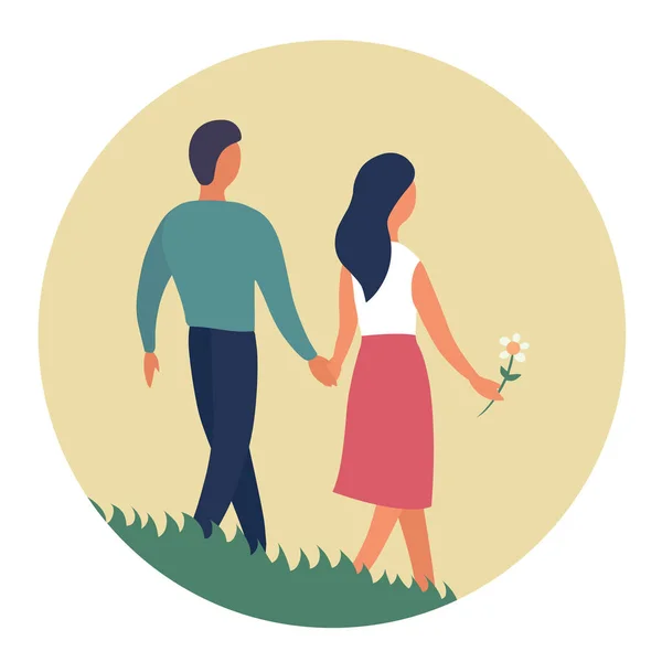 年轻的男女在大自然的背景下行走 一对浪漫的夫妇矢量平面插图 — 图库矢量图片