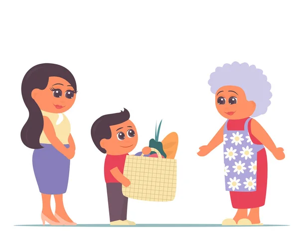 Annesiyle Küçük Bir Torun Büyükannesine Yiyecek Getirdi Yaşlılarla Ilgilenmek Aile — Stok Vektör