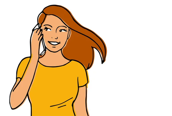 Telefonda Konuşan Güzel Bir Genç Kız Vektör Izole Çizgi Film — Stok Vektör
