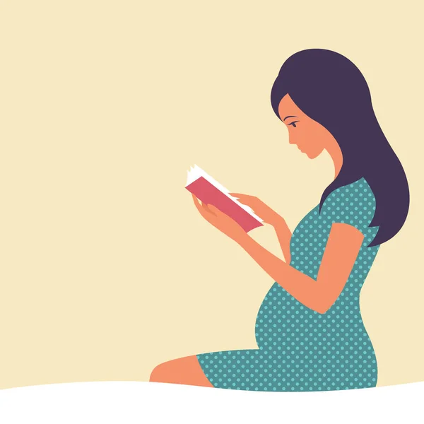 Schöne Schwangere Mädchen Liest Ein Buch Auf Dem Bett Sitzend — Stockvektor