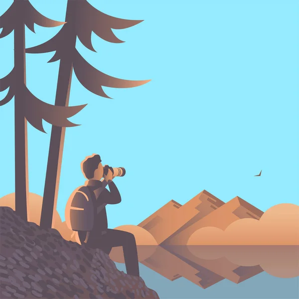 Человек Путешествует Дикой Природе Камерой Вечерний Пейзаж Озера Горами Туманом — стоковый вектор