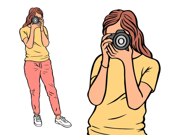 Gadis Fotografer Berdiri Dengan Kamera Lihat Lensa Vektor Diisolasi Gambar - Stok Vektor