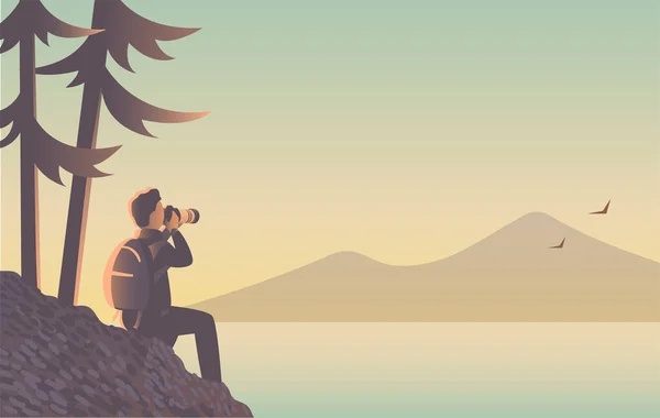 Hombre Viaja Través Naturaleza Con Una Cámara Paisaje Nocturno Junto — Vector de stock