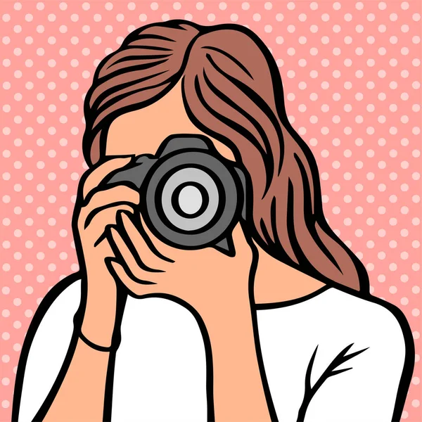 Kameralı kız fotoğrafçı. Objektife bak. Vektör pop sanat avatarı çizim eli