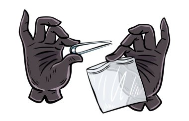 Vector illustration of gloved hands holding tweezers and a sealed evidence bag isolated on white. Forensic and crime scene concept suitable for editorial training and legal or police themed projects
