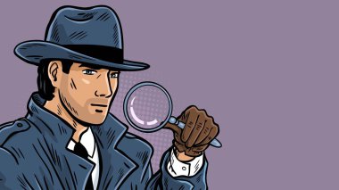 Elinde büyüteç tutan şapkalı ve trençkotlu bir dedektifin sanat temsili çizimi. Klasik dedektif karakteri yarım ton arkaplanlı komik bir şekilde çizilmiş. Gizemli bayrak