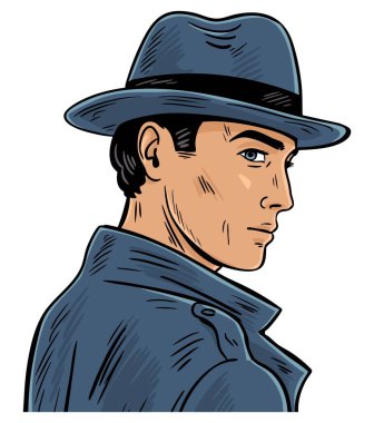 Fötr şapkalı ve trençkotlu bir erkek ajanın renkli portresi. Pop sanatının el çizimi tarzı cesur bir taslak. Afiş afişi ve retro tasarım için uygun. Beyazda izole edilmiş