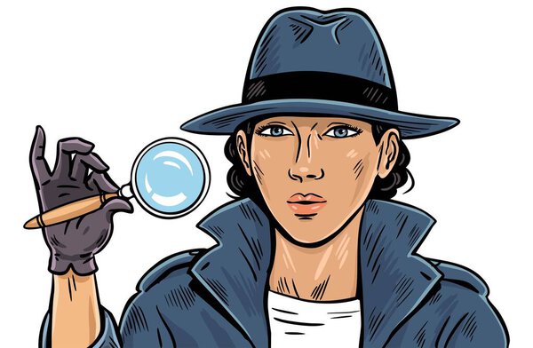 Векторная иллюстрация женщины-детектива, держащей увеличительное стекло. Винтажный плащ и фетровая шляпа, чистый белый фон, композиция подходит для баннерного плаката и редакционного использования