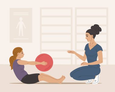 Liseli kız çocuk fizyoterapi rehabilitasyon uygulamalarının klinikteki düz vektör çizimi. Terapist, sağlık dengesi ve koordinasyonuna odaklı eğitim sırasında genç hastalara yardım ediyor