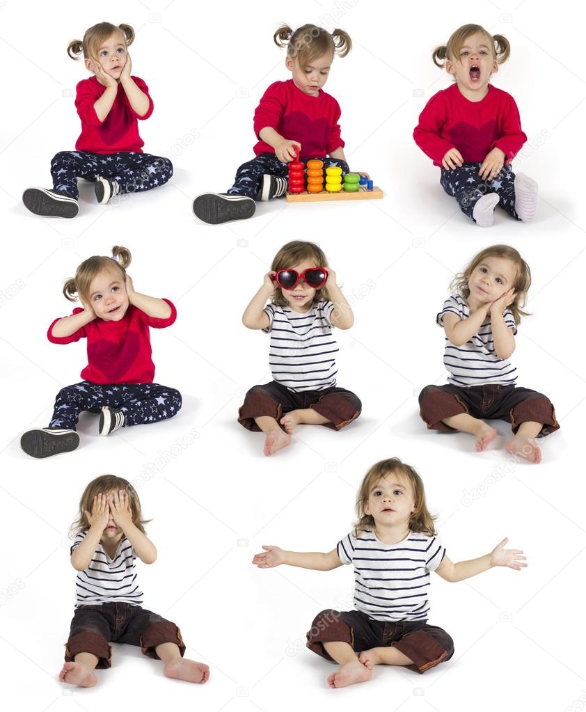 Set of baby girl sitting and making gestures
