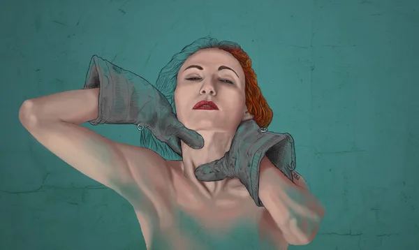 Artistic painting of woman choke herself — Stock Photo, Image