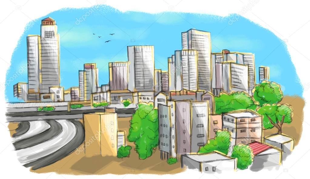 Colorful drawing of city skyline