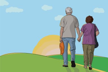 Elderly couple walking together clipart
