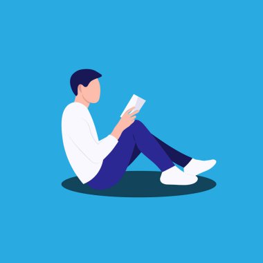 Bir adam elinde bir kitapla oturur ve okur. Düz stil karakter çizimi. İş kavramı, ders çalışmak, evde dinlenmek. vektör şablonu