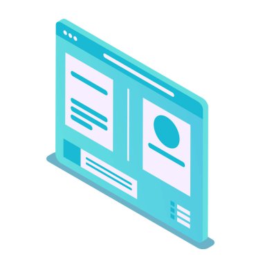 3d web sayfası simgesi. Üzerinde yazılar ve bir kişinin profili olan bir internet sayfası. İzometrik tarzda vektör illüstrasyonu. beyaz arkaplanda izole.