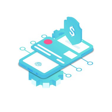 Güvenli mobil ödeme konsepti. Web sayfası, vites, kalkan, kredi kartı ve parmak izi düğmesi olan akıllı telefonun üç boyutlu vektör çizimi. İzometrik stil. beyaz arkaplanda izole