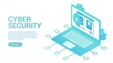 Veri koruma kavramı. İniş sayfası veya internet afişi şablonu. Web sayfası simgeli 3d laptop, kilit ve dişli kalkan. İzometrik tarzda vektör illüstrasyonu. beyaz arkaplanda izole.