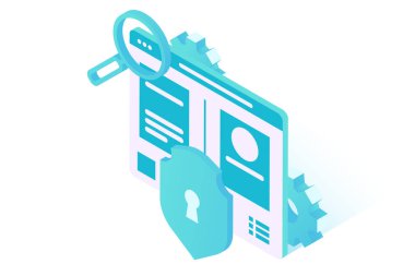 Veri koruma kavramı. 3D web sayfası simgeleri, kilitli kalkan, büyüteç ve dişliler. İzometrik tarzda vektör illüstrasyonu. beyaz arkaplanda izole.