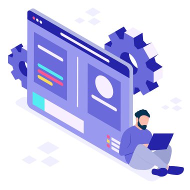 Dizüstü bilgisayarı olan bir adam web sayfası yaratıyor. Sitenin gelişimi kavramı. İzometrik tarzda üç boyutlu illüstrasyon. beyaz arkaplanda izole