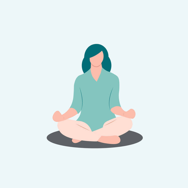 Girl sitting in the lotus position. illustration of characters in flat style. the concept of yoga, relaxation, self-awareness. vector template