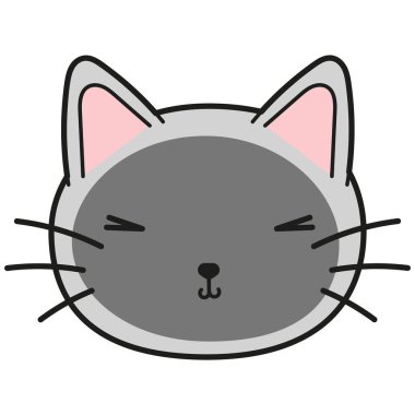 Gri kedi suratlı karakter. Tebrik kartı, davetiye ve çıkartma için şirin bir kedi yavrusu Vektör illüstrasyonu.