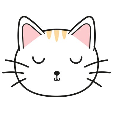 Çizgili kedi suratlı karakter. Tebrik kartı, davetiye ve çıkartma için şirin beyaz bir kedi yavrusu Vektör illüstrasyonu