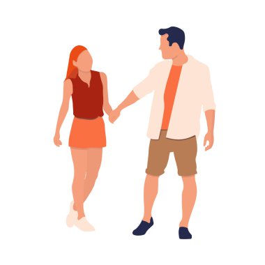 Bir çift sevgili. Adam kızı yönlendiriyor. Modern düz stilde vektör illüstrasyonu