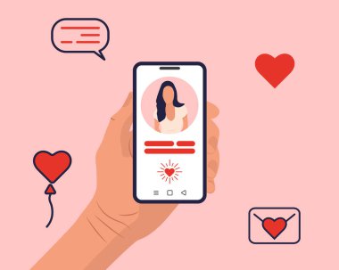 Çevrimiçi uygulama flört kullanıcısının düz vektör konsepti. Randevu uygulaması profili olan ve etrafta 4 simge olan bir erkek el bilgisayarı. Vektör İllüstrasyonu