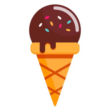 Waffle külahında erimiş çikolatalı dondurma. İzole vektör çizimi, düz çizgi ikonu. T-shirt tasarımı veya çıkartması için çizgi film tarzı çizgi roman karakteri