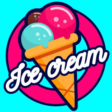 Modern düz stil dondurma logosu. Yuvarlak harfli waffle külahında dondurma. Turkuaz arkaplanda vektör illüstrasyonu